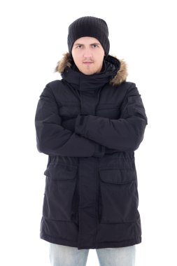 Kara kış ceket izole içinde genç çekici bir adam portresi