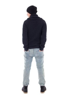 genç adam beyaz izole kış giysileri poz