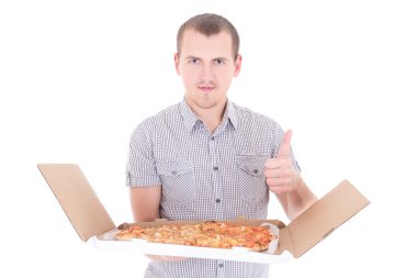 büyük pizza başparmak yukarıya üstünde izole beyaz genç çekici adamla