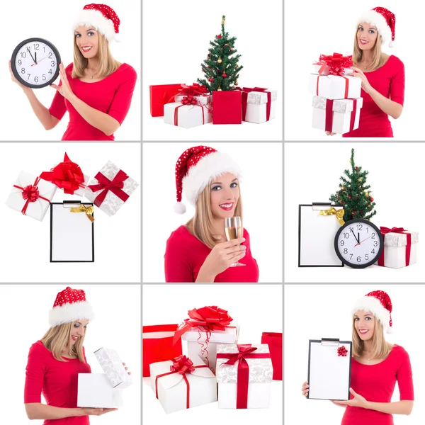 Kerstmis collage. mooie vrouw met geschenkdozen, klok en ch — Stockfoto