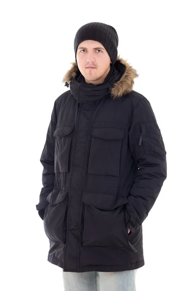 Mode portrait du jeune bel homme en manteau d'hiver noir — Photo