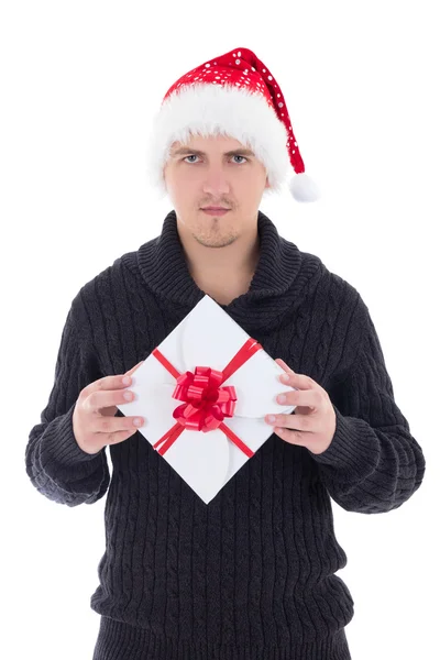 Young man in woolen sweater with christmas gift isolated on whit — Stock Photo, Image