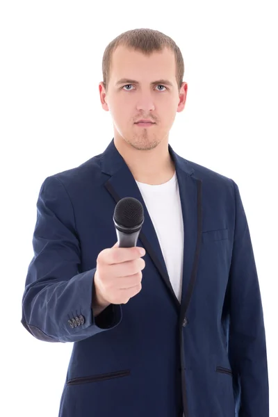 Новости репортер журналист берет интервью человек, подняв micr — стоковое фото
