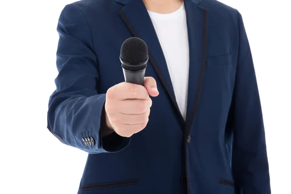 Nieuws verslaggever journalist interviewt een persoon die houder is van de micr — Stockfoto