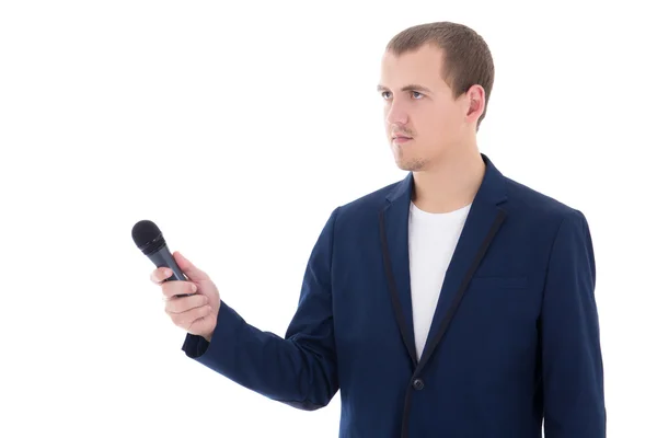 Professional male reporter holding a microphone isolated on whit — Stock Photo, Image