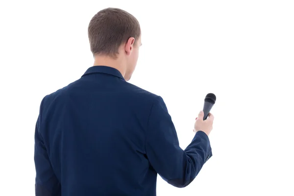 Journalist with microphone isolated on white background — Stock Photo, Image