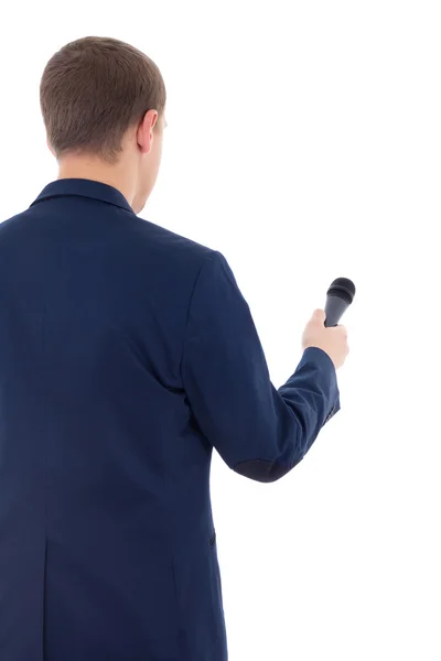 Reporter in suit holding microphone isolated on white background — Stock Photo, Image