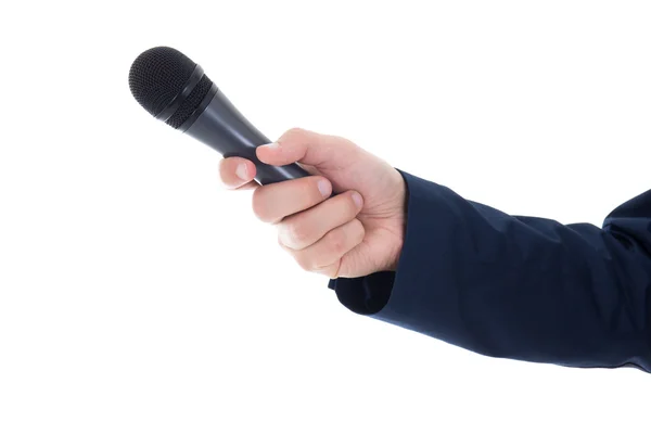 Male hand with microphone isolated on white — Stock Photo, Image