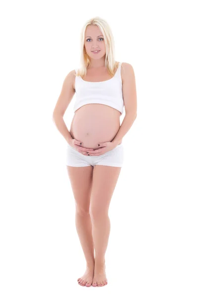 Porträtt av ung gravid blond poserar isolerad på vit bakgrunds — Stockfoto