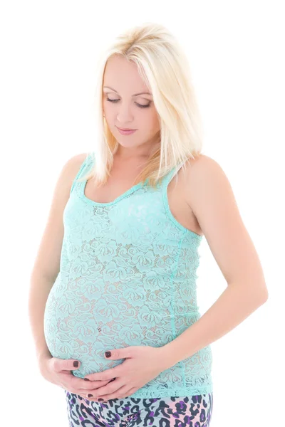 Jovem mulher grávida bonita azul isolado no branco — Fotografia de Stock