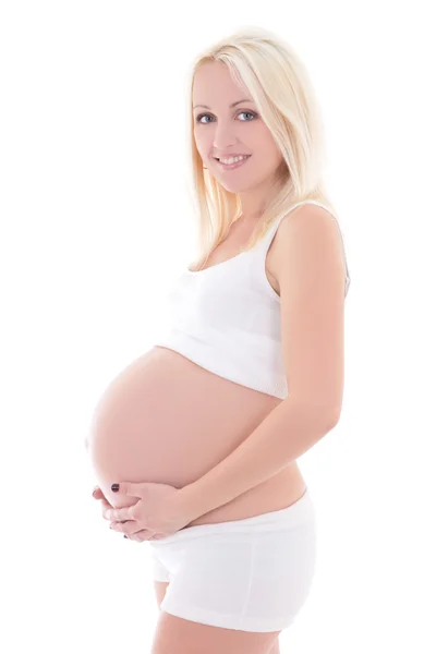 Young beautiful blondie pregnant woman isolated on white — Stock Photo, Image