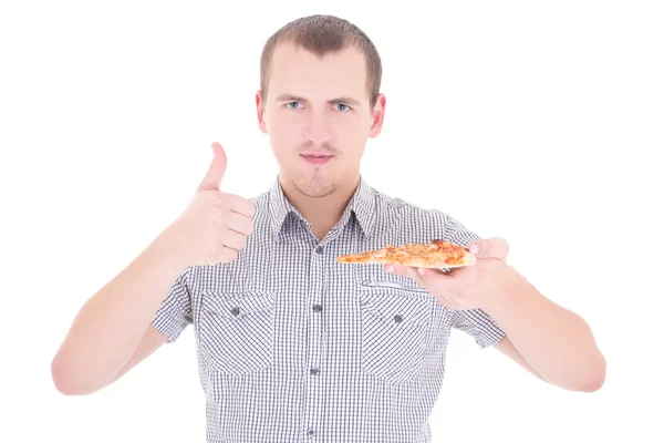 Attraente giovane con fetta di pizza pollici su isolato su w — Foto Stock