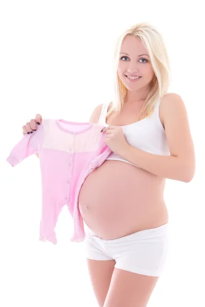 Jeune femme enceinte avec barboteuse isolé sur blanc Images De Stock Libres De Droits