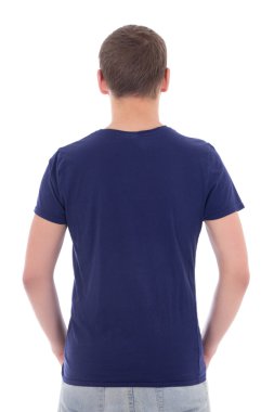 Arkadan Görünüm gencin t-shirt izole mavi üzerine beyaz