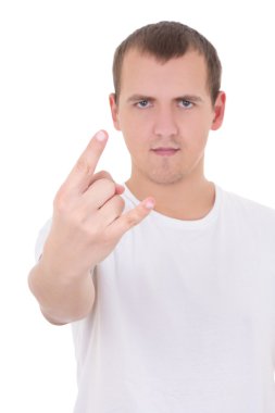 ağır metal rock-n-roll işaret üzerine beyaz izole gösteren genç adam