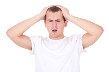 yorgun bir genç adam beyaz izole