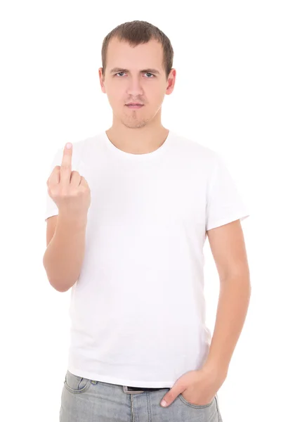 Young man showing middle finger isolated on white — Stock Photo, Image