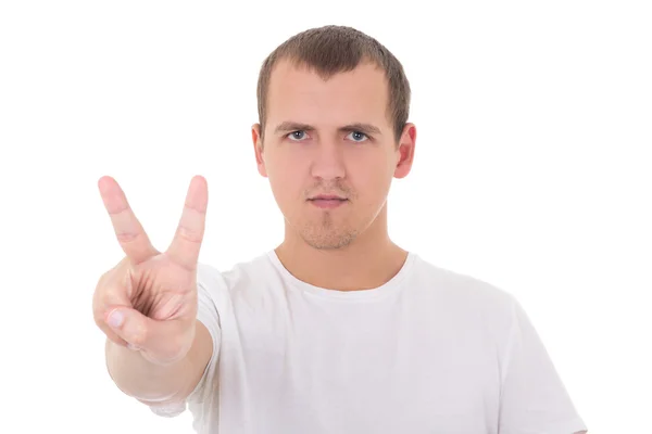 Young man in white t-shirt shows a "peace" sign isolated on whi — Stock Photo, Image