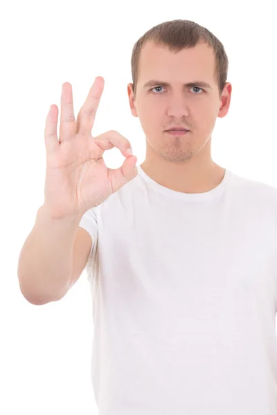 Retrato de jovem mostrando sinal bem isolado no branco est — Fotografia de Stock