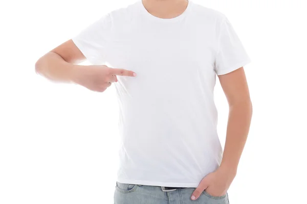 Close up de homem em branco t-shirt apontando para si mesmo — Fotografia de Stock