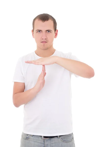 Retrato de hombre joven gesticular tiempo signo aislado en blanco — Foto de Stock