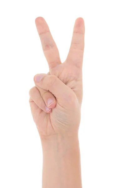 Male hand shows a "peace" sign isolated on white — Stock Photo, Image