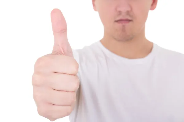 Close up portrait of young man in white t-shirt thumbs up — Stock Photo, Image