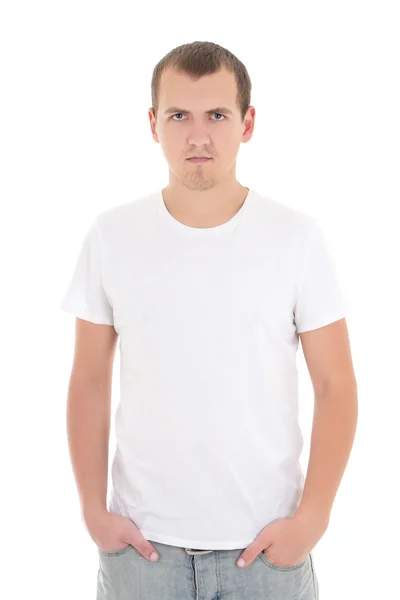 Młody człowiek w t-shirt biały na białym tle — Zdjęcie stockowe