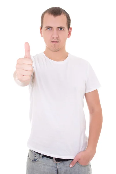 Young attractive man in white t-shirt thumbs up isolated on whi Royalty Free Stock Photos