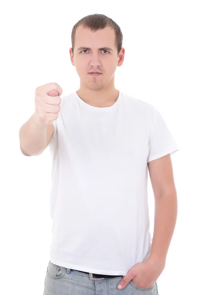 Young man in white T-shirt showing a fig isolated on white backg Stock Image