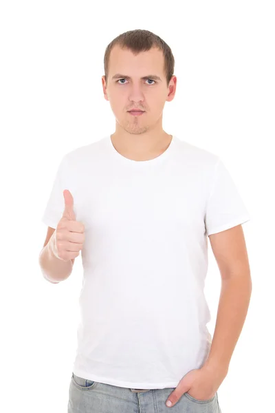Young man in white t-shirt thumbs up isolated on white Stock Picture