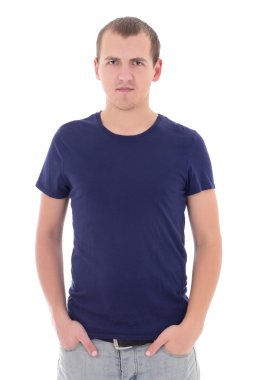 genç adam mavi t-shirt üzerinde beyaz izole.