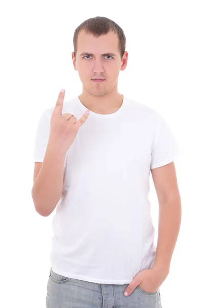 Young man showing heavy metal rock-n-roll sign isolated on white — Stock Photo, Image