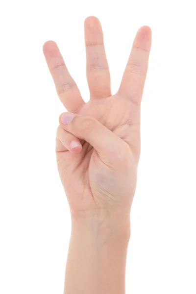 Männliche Hand zeigen drei Finger isoliert auf weiss — Stockfoto