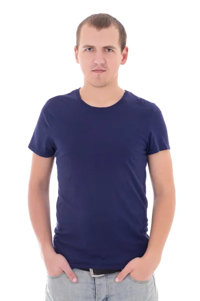 Młody człowiek w niebieską koszulkę na białym tle — Zdjęcie stockowe