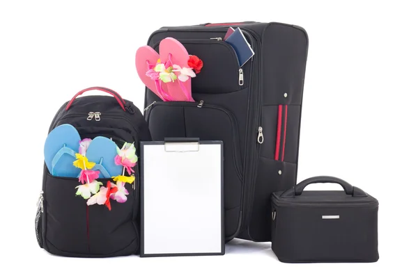 Schwarz Reisen-Koffer und Rucksack mit isoliert auf w-Checkliste — Stockfoto