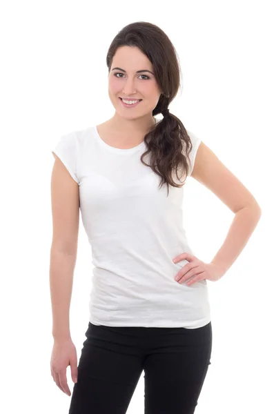 Junge attraktive Frau im weißen T-shirt lächelnd isoliert am Pfingstmontag — Stockfoto