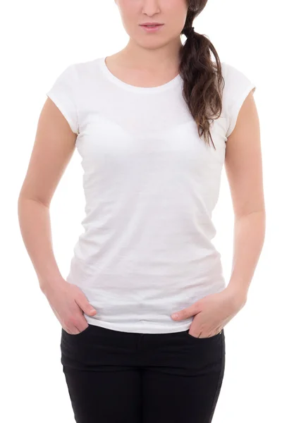 Młoda kobieta piękny pozowanie z pusty biały t-shirt — Zdjęcie stockowe