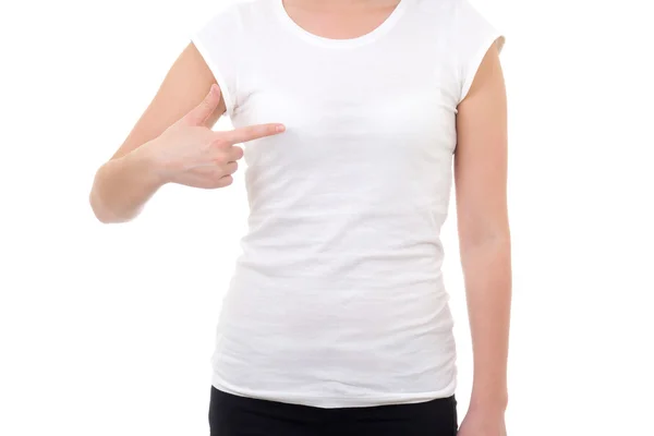 Woman in blank white t-shirt showing at herself isolated on whit — Stock Photo, Image