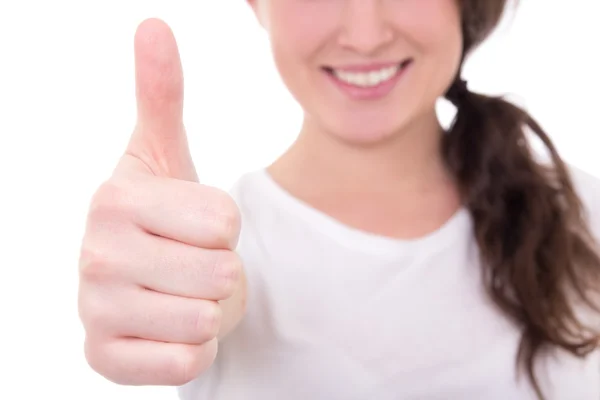 Young woman thumbs up isolated on white background — Stock Photo, Image