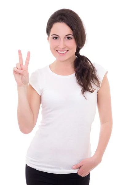 Portrait of happy young woman giving peace sign isolated on whit — Stock Photo, Image