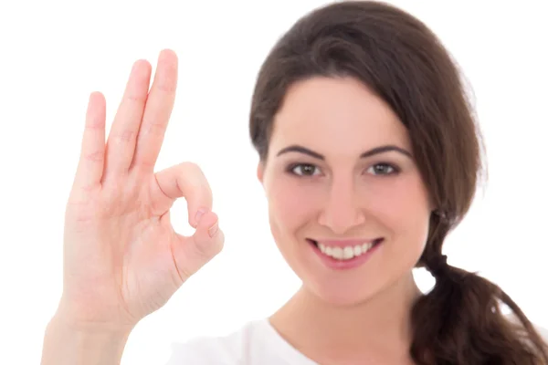 Portrait de femme souriante avec bon geste isolé sur blanc ba — Photo