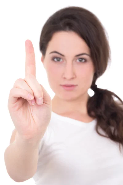 Attractive woman showing idea gesture isolated on white backgrou — Stock Photo, Image