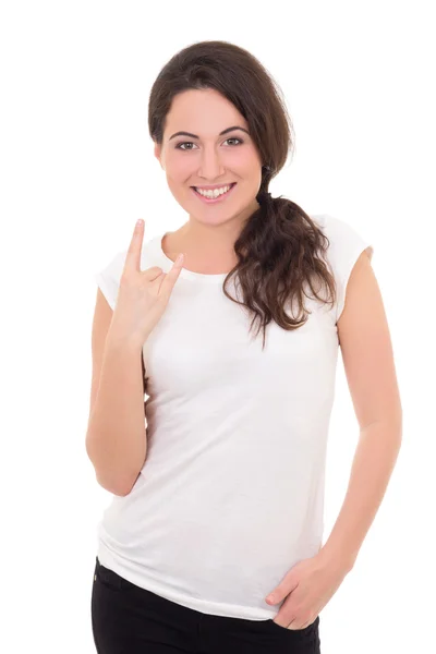 Woman in white t-shirt showing "rock on" gesture isolated on whi — Stock Photo, Image