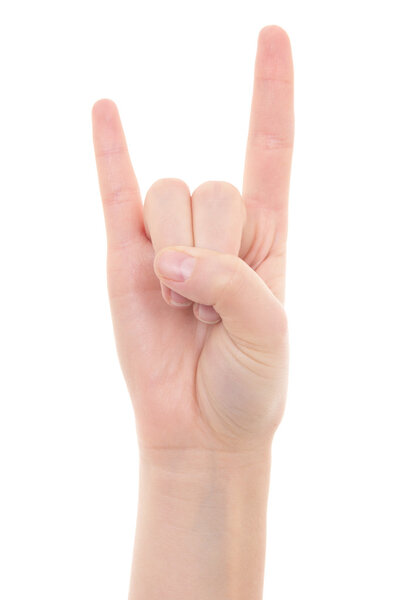 female hand showing "rock on" gesture isolated on white