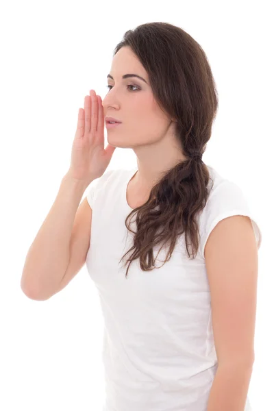 Young woman shout and scream using her hand as tube — Stock Photo, Image