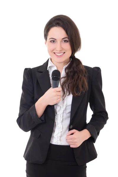 Piękne kobiece kobieta reporter z mikrofonem na białym tle — Zdjęcie stockowe