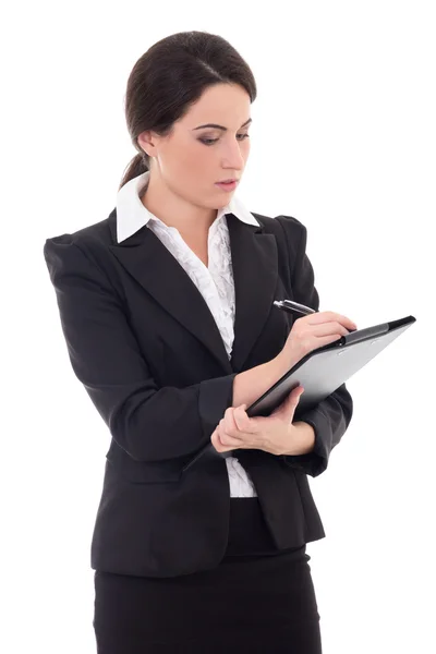 Бизнес-леди в черном костюме с ручкой и папка, изолированные на духов — стоковое фото