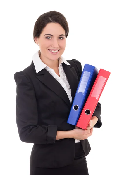 Бізнес-леді в чорному костюмі з різнокольоровими папками ізольовані на — стокове фото