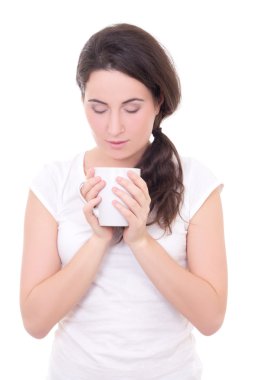 beyaz izole çay çekici genç kadın